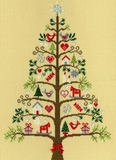 a cross stitch christmas tree with presents on it