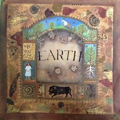 a painting with the word earth on it and an image of a cow in front