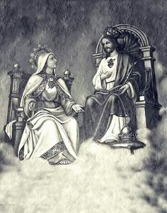 a drawing of two people sitting next to each other in front of a sky background