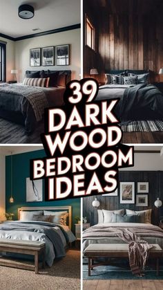 the bedroom is decorated in dark wood and white