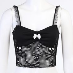 Trizchlor Hot Selling Perspective Umbilical Print Small Sling With Skull Head Lace Mesh Suspender In Europe And America Size Length Bust Waist S 24cm(9.5") 66cm(26")~76cm(30") 56cm(22")~78cm(30.75") M 25cm(9.75") 70cm(27.5")~80cm(31.5") 60cm(23.75")~72cm(28.25") L 26cm(10.25") 74cm(29.25")~84cm(33") 64cm(25.25")~76cm(30") Pattern Vest, Lace Skull, Gothic Lace, Black Corset Top, Spaghetti Strap Crop Top, Dark Style, Goth Women, Skull Pattern, Lace Cami Top