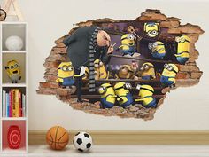 a wall sticker with the image of minions on it, and a basketball ball