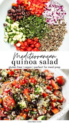 the ingredients for mediterranean quinoa salad in a white bowl with text overlay