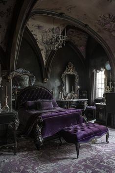 an ornate bedroom with purple furniture and chandelier