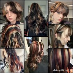 Natural But Unique Hair Colors, 90s Highlights Hair Curly, Calico Hair Streaks, Red And White Skunk Hair, Brown Hair With Multi Colored Highlights, Layered Hair Dyed Tips, Calico Hair Tutorial, Short Hair Peekaboo Highlights, Funky Hair Dye Ideas