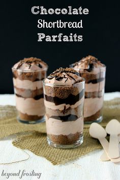 chocolate shortbread parfaits in small glasses with spoons