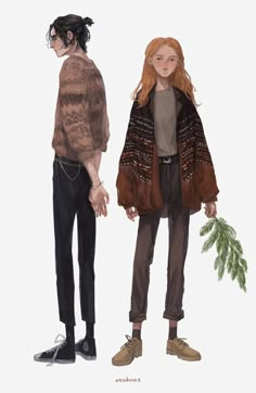 two people are standing next to each other with plants in their hands and one is wearing a jacket