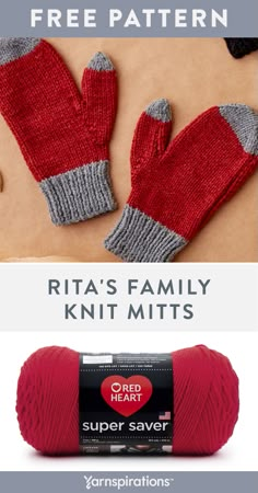 two red mitts with text that reads, free pattern ritta's family knit mitts