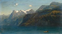 a painting of mountains and boats in the water