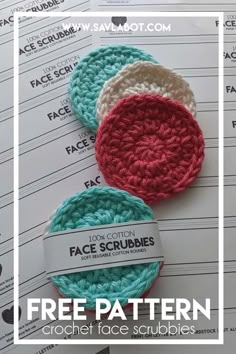 two crochet scrubbies sitting on top of each other with the text free pattern