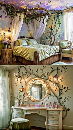 two pictures of a bedroom with flowers on the ceiling and in the bed room, there is