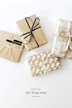 four wrapped gift boxes tied with twine on white background, text reads four diy gift wrap ideas