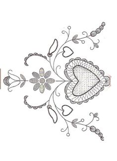 an embroidered design with hearts and flowers on it, in the shape of a heart