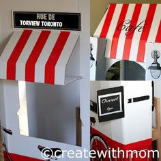 a red and white striped awning on top of a small carton type vending machine