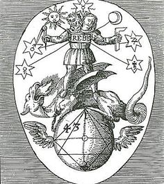 an image of a man on the back of a horse, surrounded by stars and circles