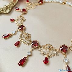 Aphrodite Aesthetic Jewelry, Red And Gold Jewelry Set, Gold Princess Jewelry, Pearl And Ruby Necklace, Ruby Pearl Necklace, Red And Gold Necklace, Ruby And Gold Jewelry, Royal Jewelry Aesthetic, Gold And Red Jewelry