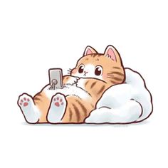 an orange cat laying on top of a cloud holding a cell phone in it's paws