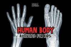 two hands with the words human body activities for kids written on them and in red