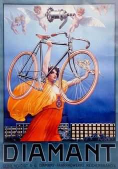 a woman holding a bicycle over her head in front of an advertisement for diamond bicycles