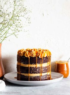 a chocolate cake with caramel drizzle on top