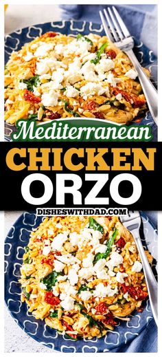 the cover of mediterranean chicken orzo on a blue plate with fork and knife next to it