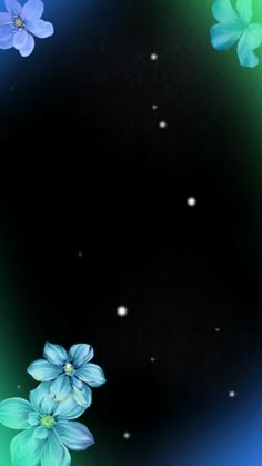 blue flowers are floating in the air on a green and black background with space for text