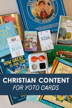 children's books and toys with the words christian content for yoto cards on them