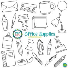 office supplies cliparts for kids to color and print on the back of a white background