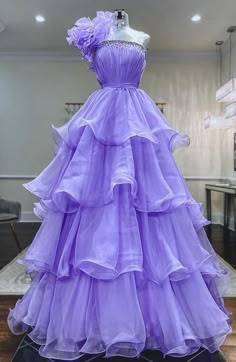 #DT2100 * DESCRIPTION One shoulder long dress with ruffle skirt * ATTRIBUTES Long A-line Carmilla Carmine, Purple Ball Gown, Strapless Organza, Petal Dress, Purple Tulle, Formal Dresses Graduation, Purple Gowns, Formal Design, Custom Size Dresses