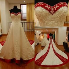 wedding gowns are displayed on mannequins in a room with wooden floors