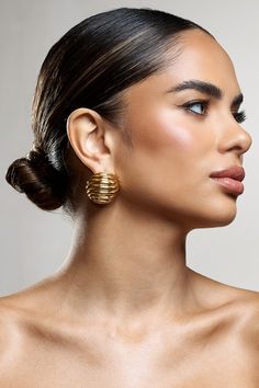 Cosette | Gold Ribbed Circle Statement Earrings Health And Hygiene, Pregnant Wedding, Sleek Bun, Club L London, Wedding Shoes Bride, Black Tie Gala, Hoop Design, Pierced Jewelry, Bridesmaid Outfit