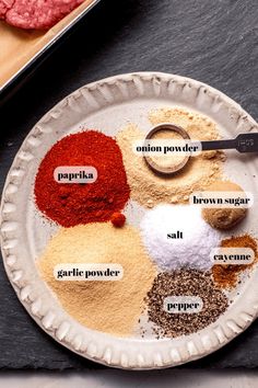 a plate with spices and seasonings on it