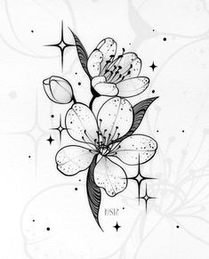 a black and white drawing of flowers