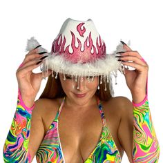 Our Cowgirl Hats are a stylish addition to your rave wardrobe, and come in Pink & White Flames, Black and Red Flames, Black Gems, and White Gems to match any outfit! Flame Cowboy Hat, White Flames, Red Cowboy Hat, Diy Hats, Cow Birthday Parties, Red Flames, Cow Birthday, Black Gems, Diy Hat