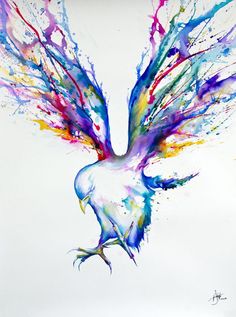 a painting of a bird with colorful paint splatters on it's wings