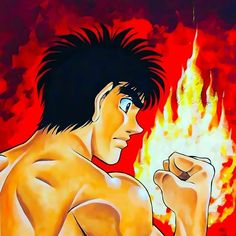 an image of a man with no shirt on in front of a blazing fire background