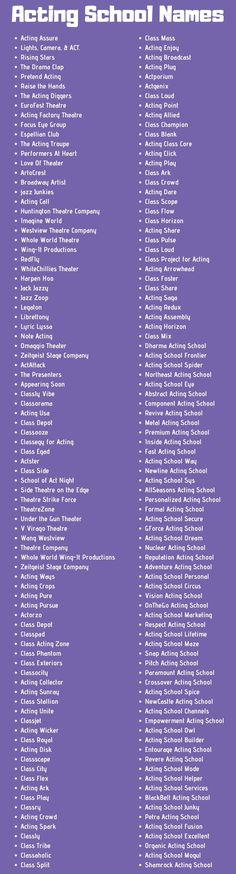 a purple poster with the words acting school names