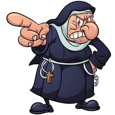 a cartoon nun pointing at the viewer with his finger down and wearing a black robe