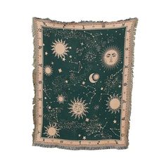 a green and white tapestry with stars, sun and moon on it's sides