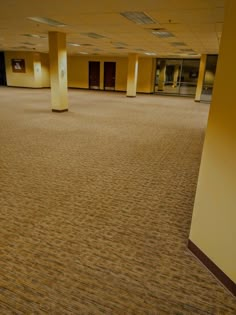 an empty room with yellow walls and carpeted flooring is seen in this image