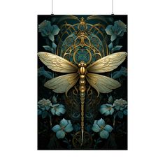 a golden dragonfly sitting on top of a blue and black background with gold accents