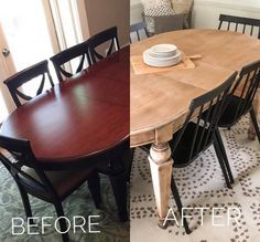 before and after photos of a dining room table with plates on it, in the process of being refinished