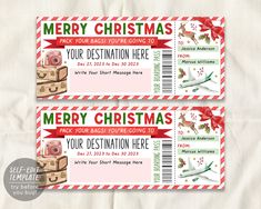 two red and white christmas tickets with luggage on them