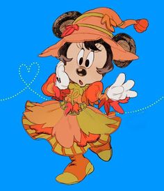 a cartoon character dressed in an orange dress and hat with her hands out to the side