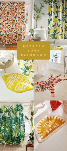 the bathroom is decorated in bright colors and has various rugs with different designs on them