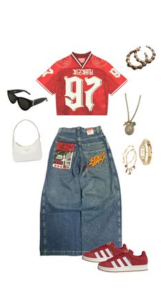 Bold Red Outfit, Jerseys Outfits Women, Red And Jeans Outfits, $ui̇ci̇deboy$ Outfits, Blue Outfits Streetwear, Jncos Outfit, Martin Outfits 90s, Jnco Jeans Aesthetic, Red Outfit Inspo Aesthetic