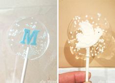 two pictures side by side one shows a lollipop with the letter m on it