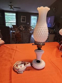 Vintage 50's white milk glass hobnail hurricane table lamp.  Amazing looking lamp.  Please look at all pictures for details and measurements.  Thank you for looking 🤩 White Milk Glass, Milk Glass, Live Light, All Pictures, Lamp Shade, Lamp Light, Milk, Shades, Table Lamp