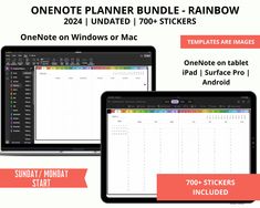 two laptops and one tablet are shown with the text, one note planner bundle rainbow