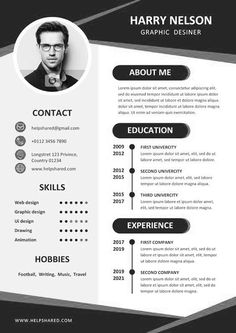 a black and white resume template with an image on the front, side and back